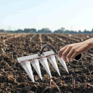 A handheld stainless steel garden rake with five tines on a neutral surface.