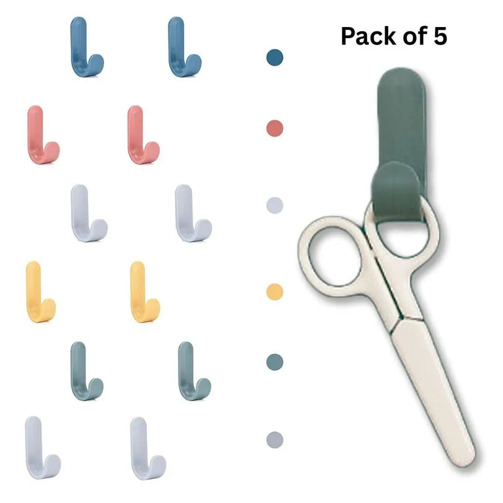 Five white plastic adhesive wall hooks for home organisation