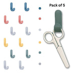 Five white plastic adhesive wall hooks for home organisation