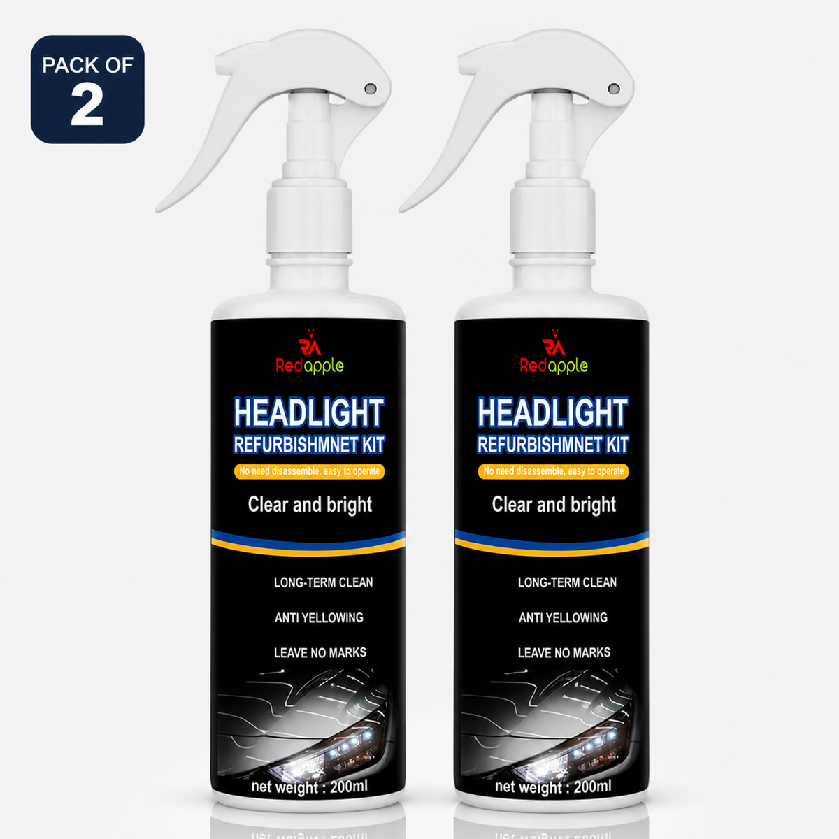 Two 200 ml bottles of headlight refurbishment solution for car lens maintenance