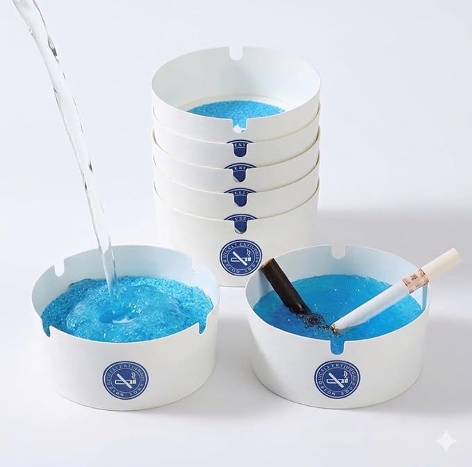 A pack of five portable disposable foam ashtrays with internal absorbent gel
