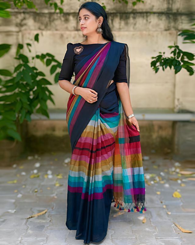 Black linen cotton saree with digital print pattern and matching unstitched blouse piece