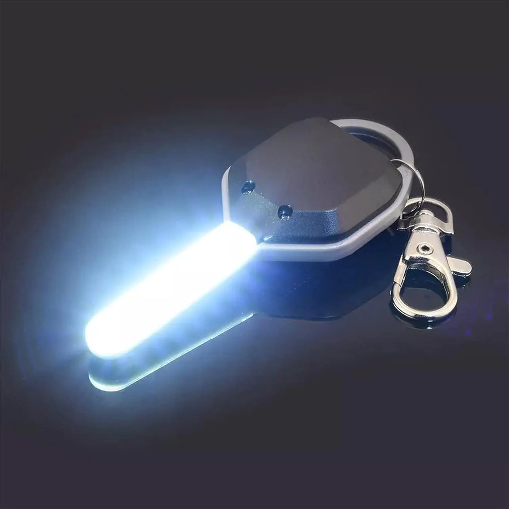 A small black ABS LED flashlight attached to a silver metal key ring.