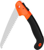 Folding hand saw with a metal blade shown in a partially folded position