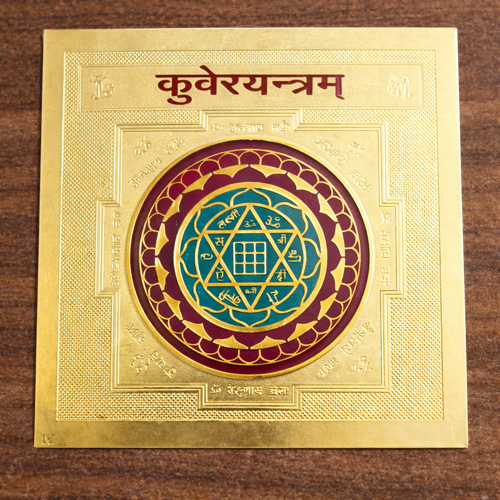 A close up view of a copper Kuber Yantra with detailed geometric engravings.