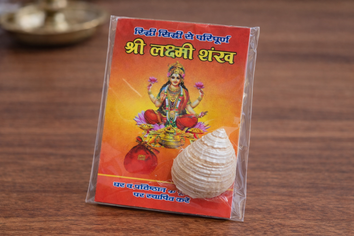 Natural Laxmi Shankh shell with a pearl moti finish measuring two inches
