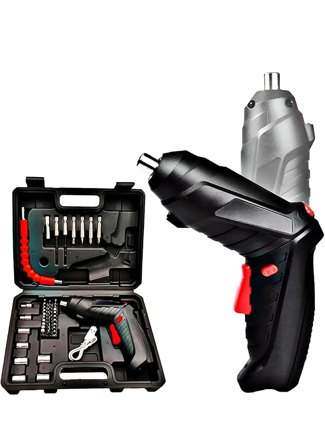 A 46-piece rechargeable cordless screwdriver and power drill set with various steel bits