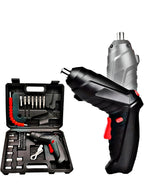 A 46-piece rechargeable cordless screwdriver and power drill set with various steel bits