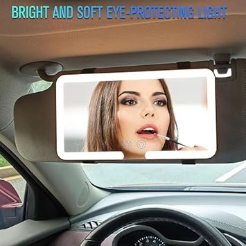 HanGlow car visor vanity mirror with LED lighting active in a car cabin