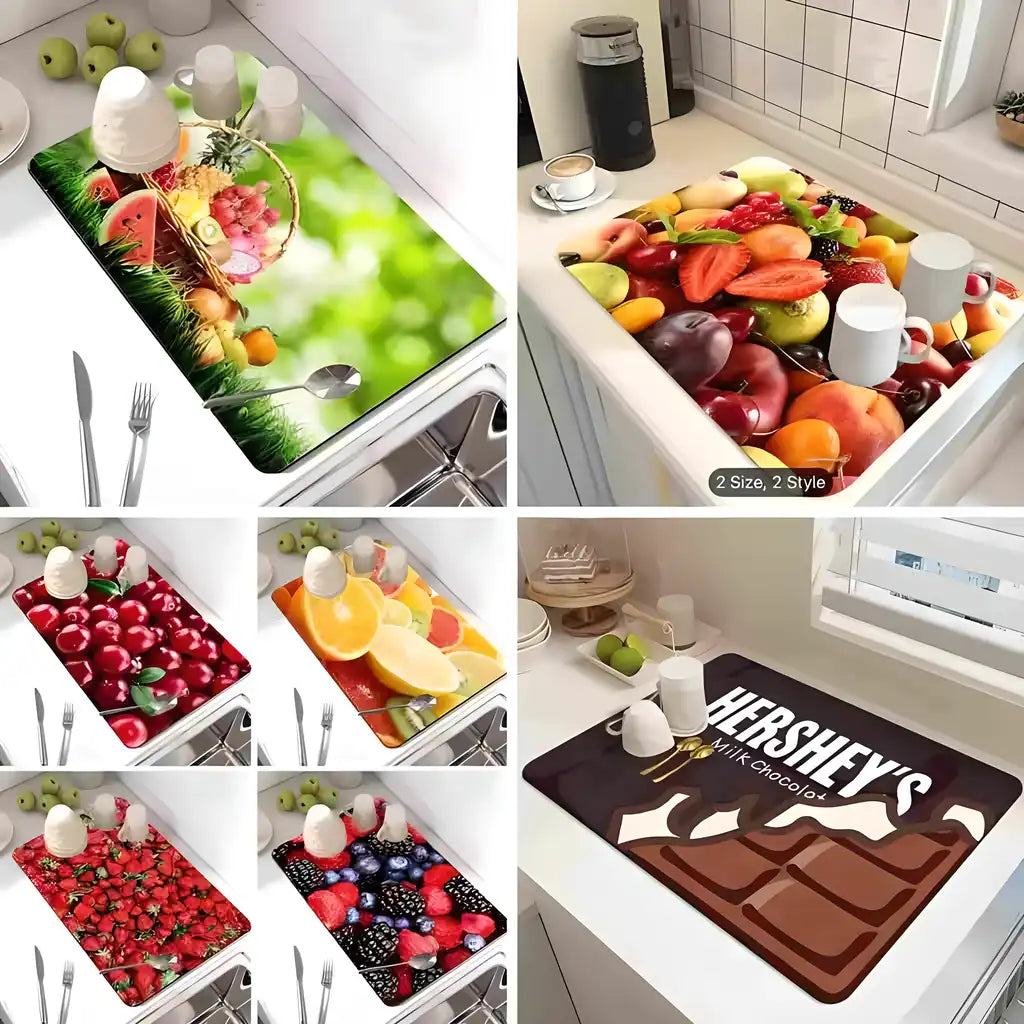 A rectangular kitchen drying mat placed on a counter for holding wet dishes.