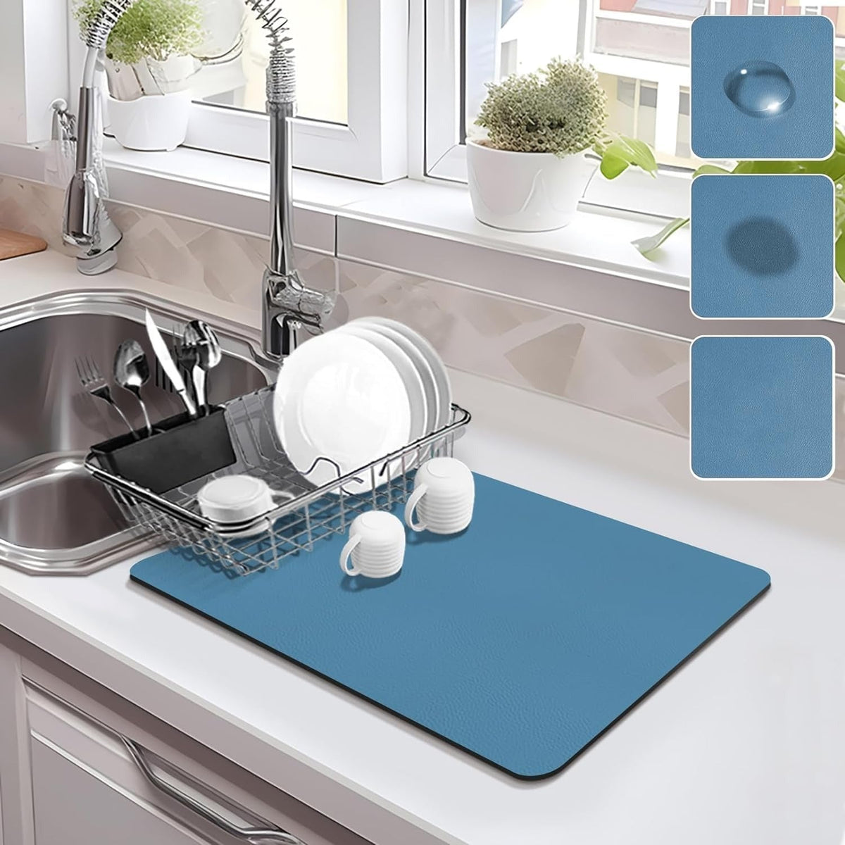 A flat kitchen drying mat designed to absorb water from wet dishware