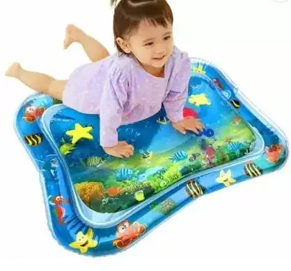 Baby water play mat with floating colorful shapes inside a clear PVC frame