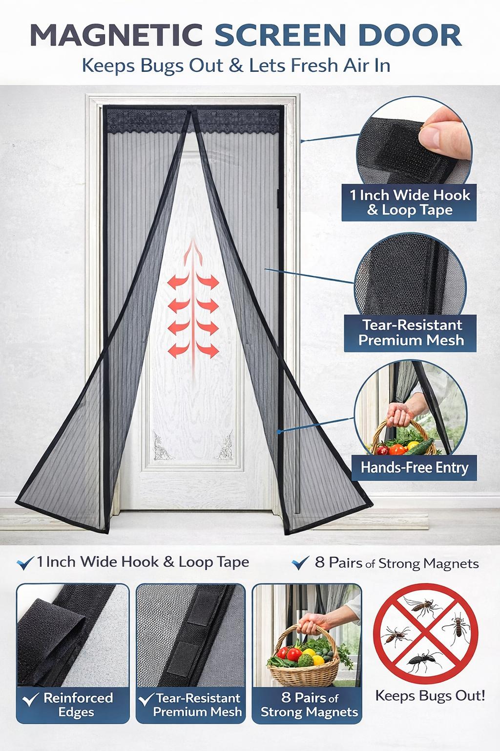 Foldable magnetic mesh mosquito curtain for 7-foot doors