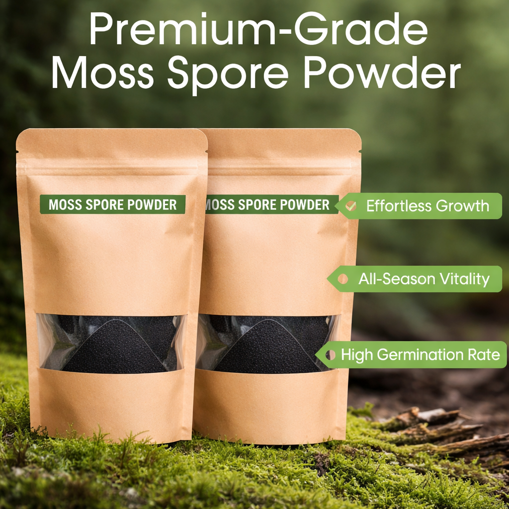 Two packets of natural moss spore powder sitting on a table.