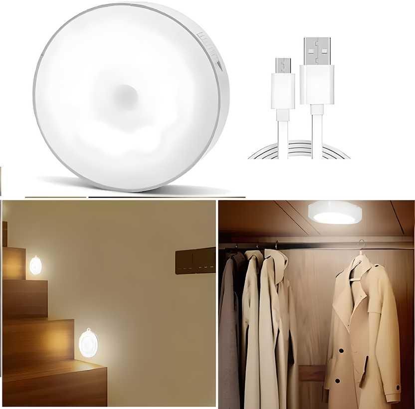 Two white plastic motion sensor LED night lights with self-adhesive backing