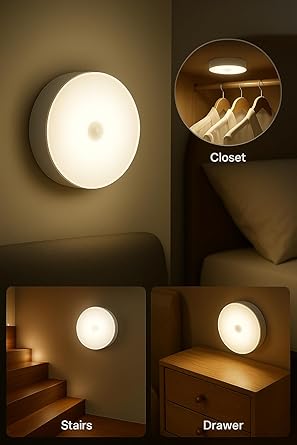Four wireless white motion sensor LED lights with USB charging ports