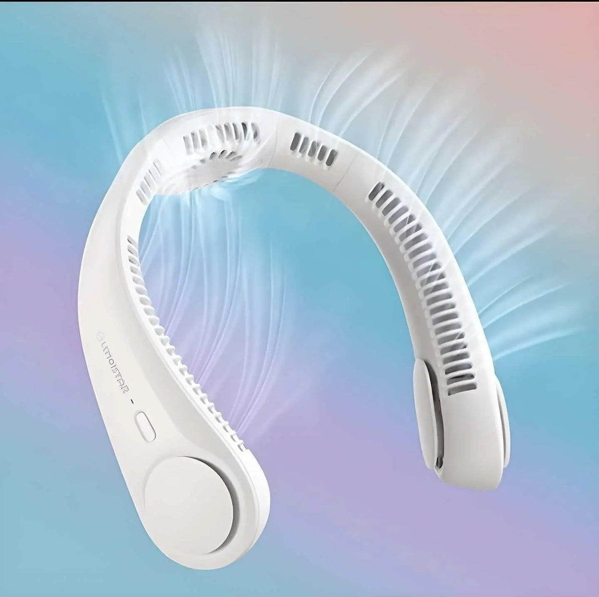 A portable plastic bladeless neck fan in a hanging wearable format