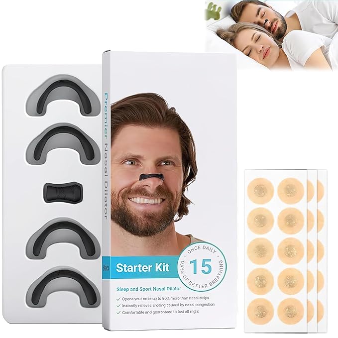 Magnetic nasal dilator kit with white nose bands and adhesive tabs on a plain background