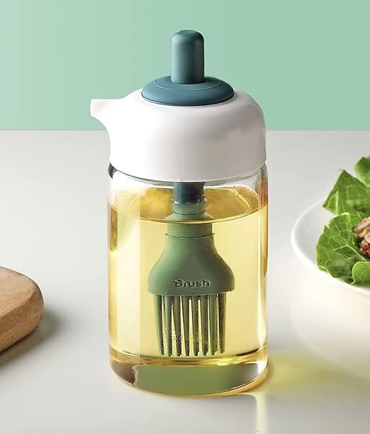250 ml glass oil dispenser bottle with an integrated silicone brush cap