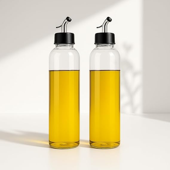Two transparent 500ml plastic oil dispenser bottles for kitchen use