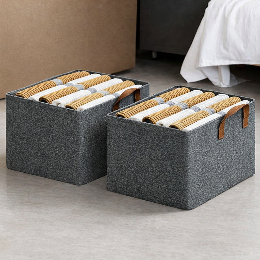 Set of two foldable cloth storage baskets with stainless steel internal frames