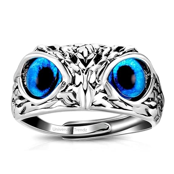 Blue owl shaped ring with silver plated stainless steel finish