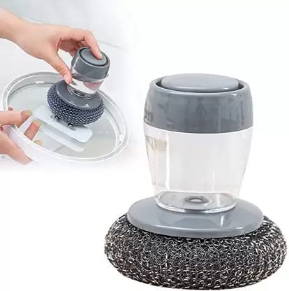 A plastic palm-held scrub brush with an integrated soap reservoir for dishwashing.