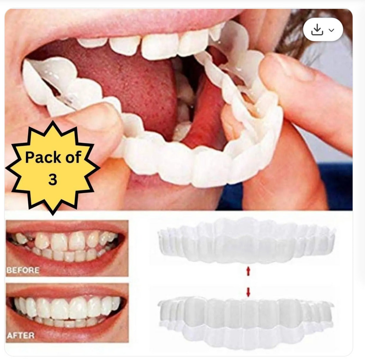 Pack of three artificial teeth dentures made of Polyvinylpyrrolidone