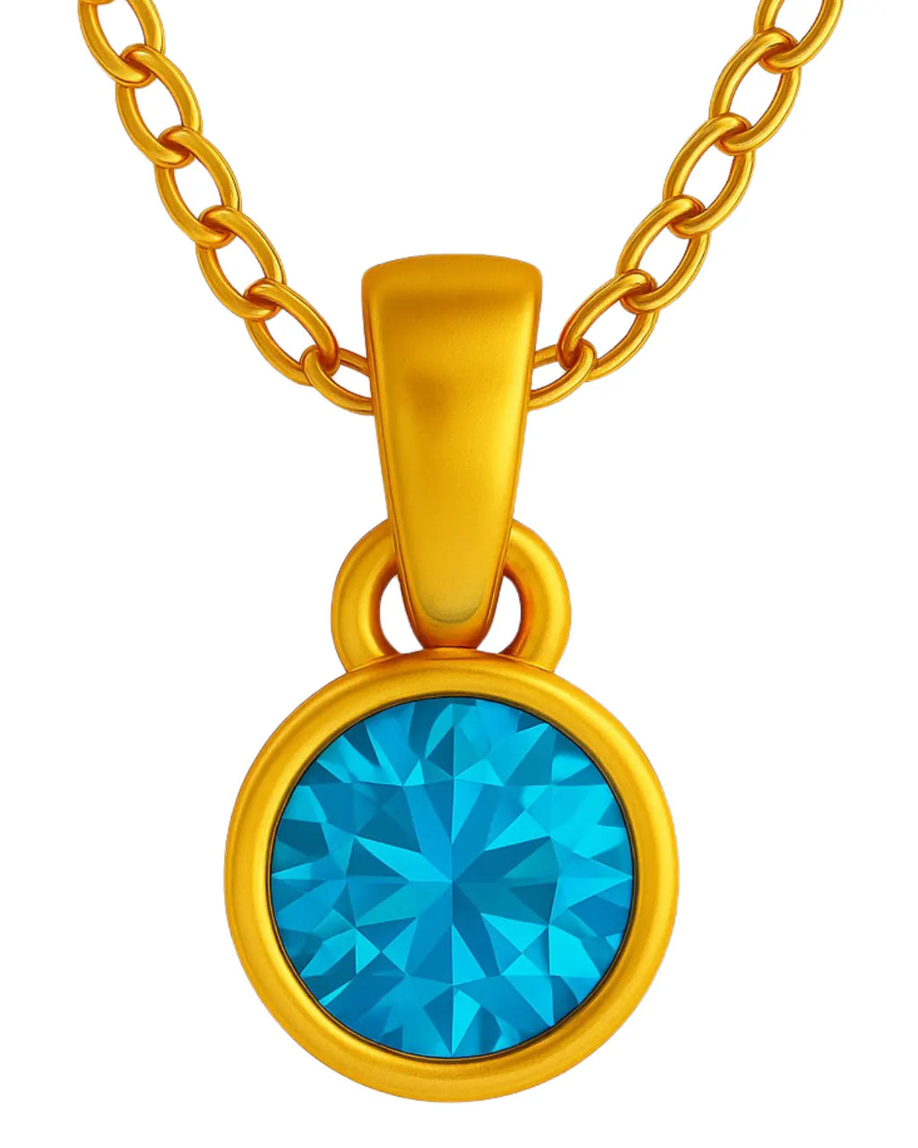 Blue Topaz birthstone pendant on a gold plated chain against a plain background