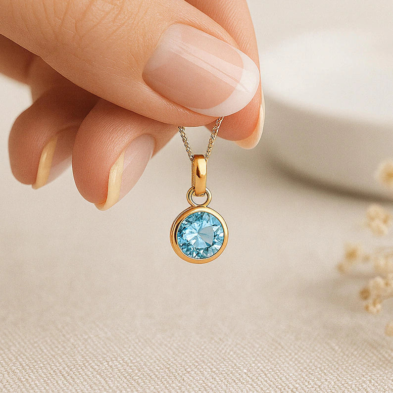 Topaz Blue Birthstone Pendant with Gold Plated Chain