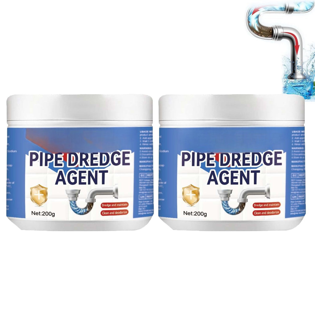 Two containers of Pipe Dredge Agent drain cleaning formula