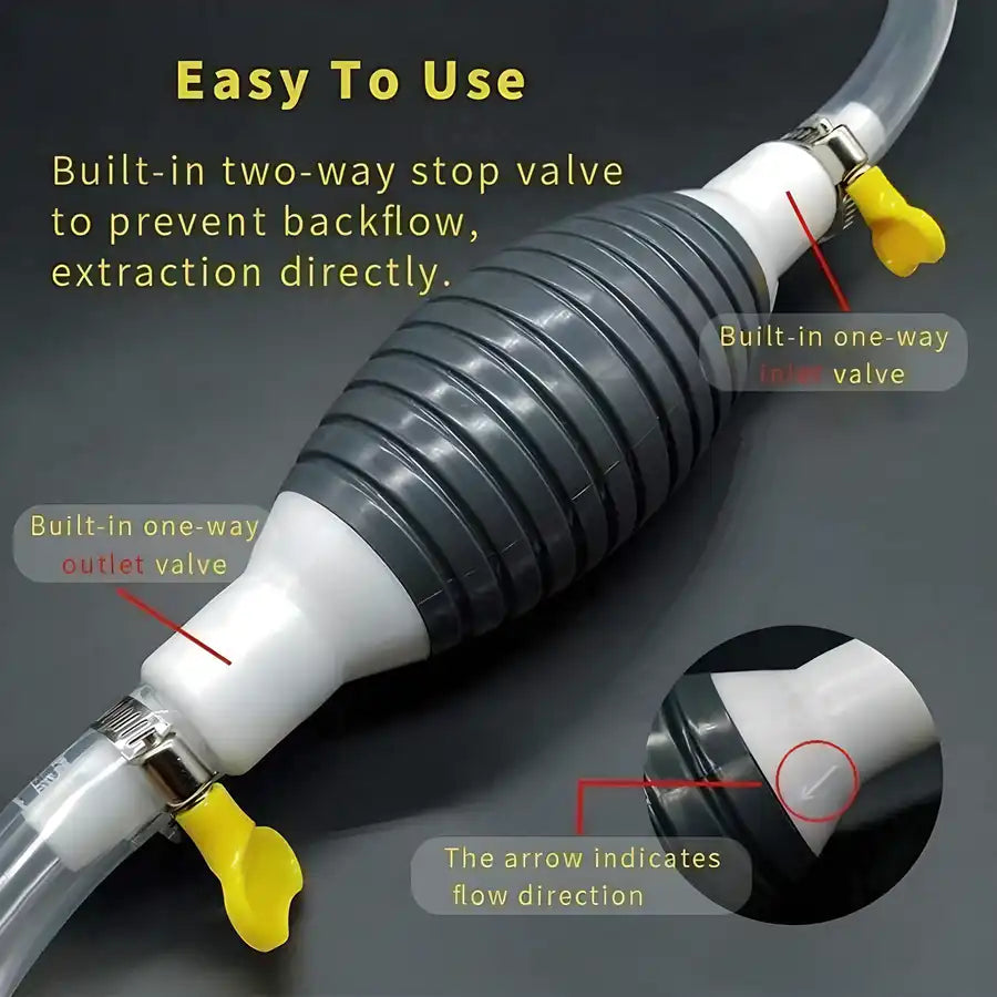 Manual water and oil transfer pump with clear tubing and pump handle