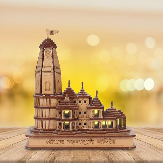 A 3D wooden replica of the Shri Ram Mandir Ayodhya showing architectural details