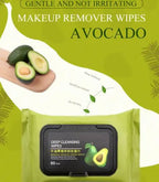 A pack of 60 avocado makeup remover wipes in a resealable plastic package