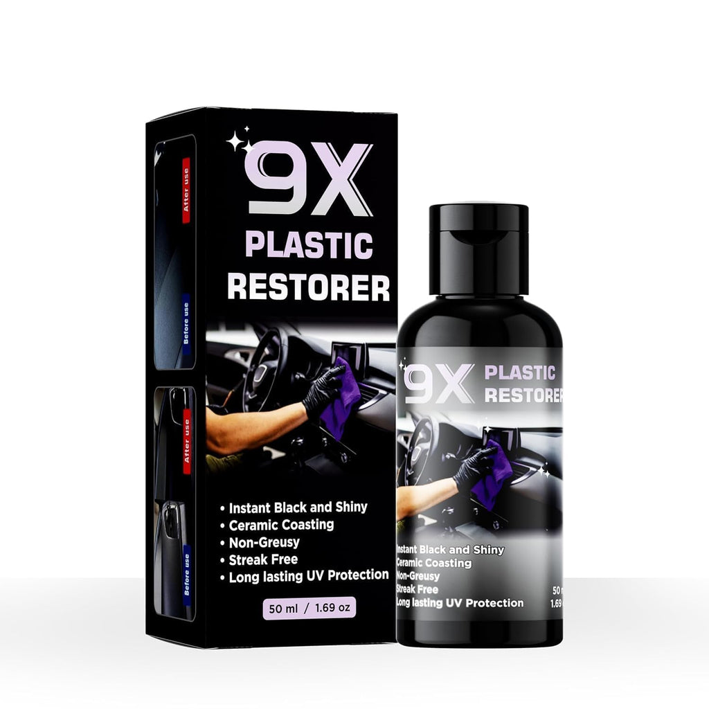 A 50ML bottle of plastic restorer liquid for vehicle dashboard and trim maintenance.