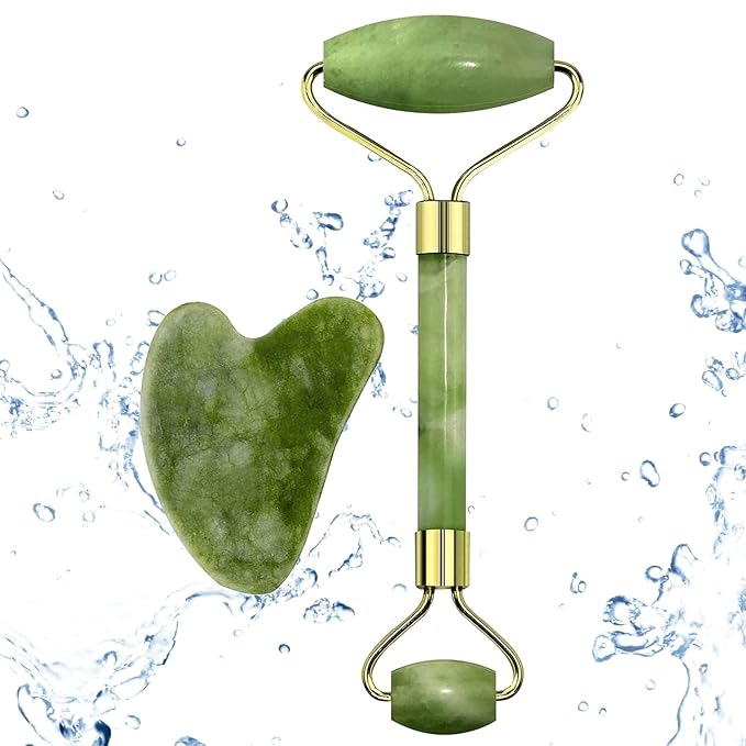 Natural Himalayan jade roller and matching gua sha stone tool for facial massage