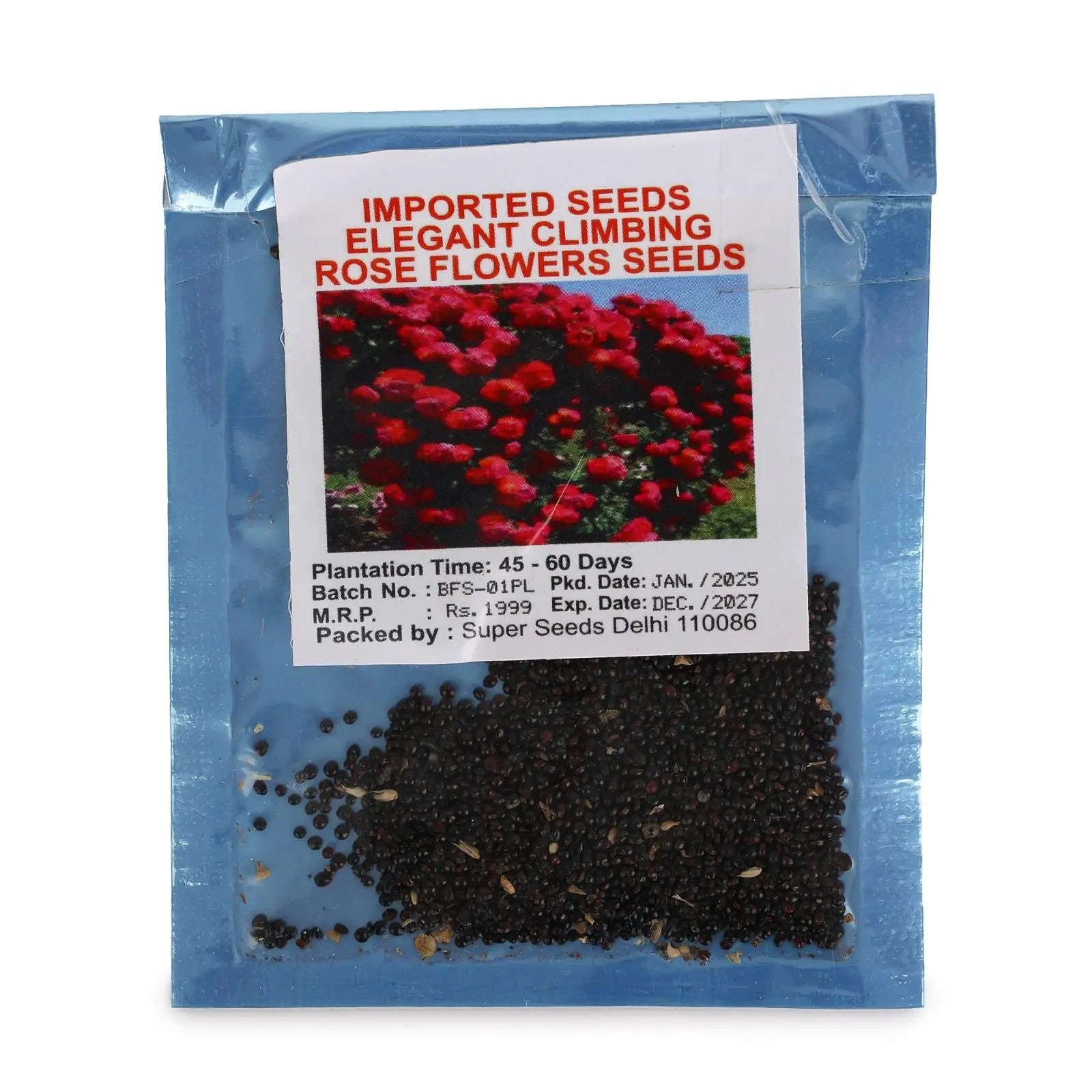 A pack containing natural rose flower seeds and a small container of plant growth supplement for gardening