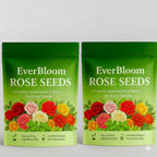 Combo pack containing two packets of Ever Bloom rose seeds and one bottle of plant growth supplement.
