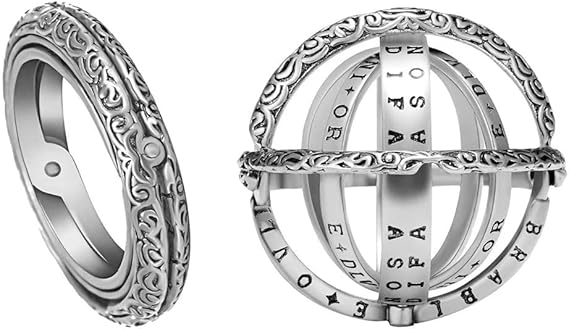 A pair of stainless steel astronomical sphere ball rings in silver finish shown in both folded sphere and expanded ring states.