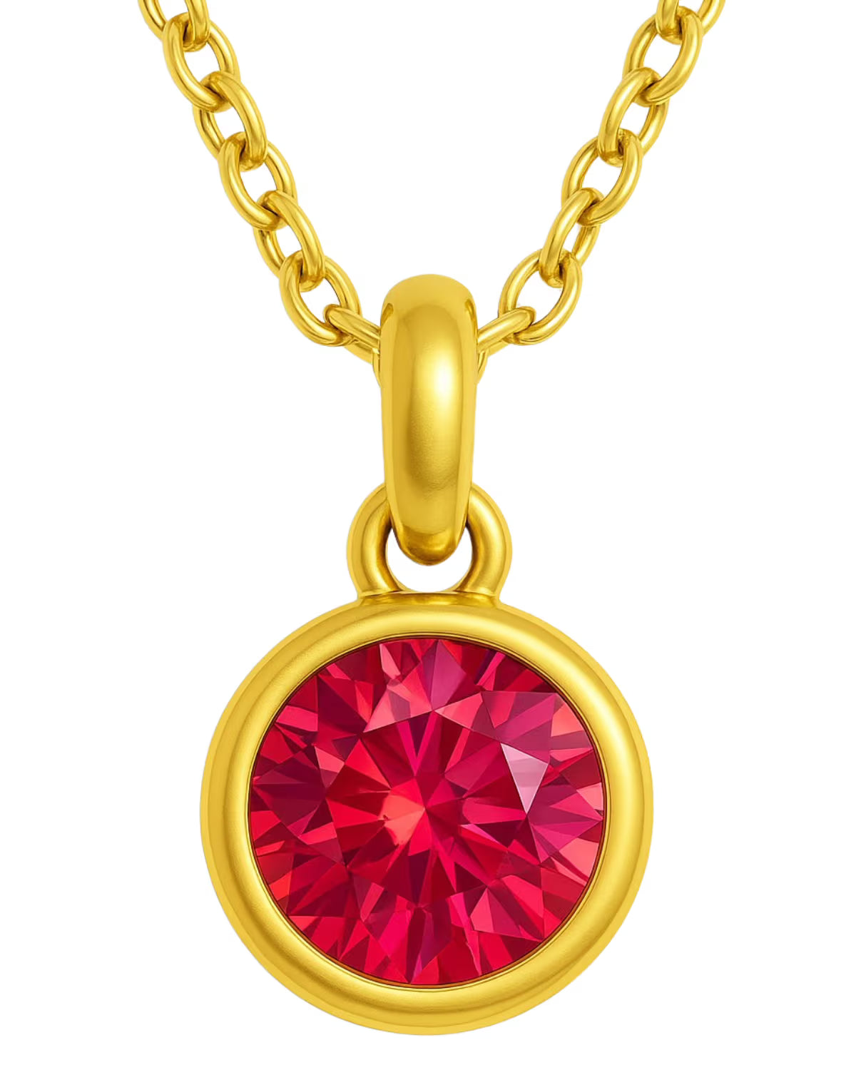 Ruby red birthstone pendant set in sterling silver with a gold plated chain