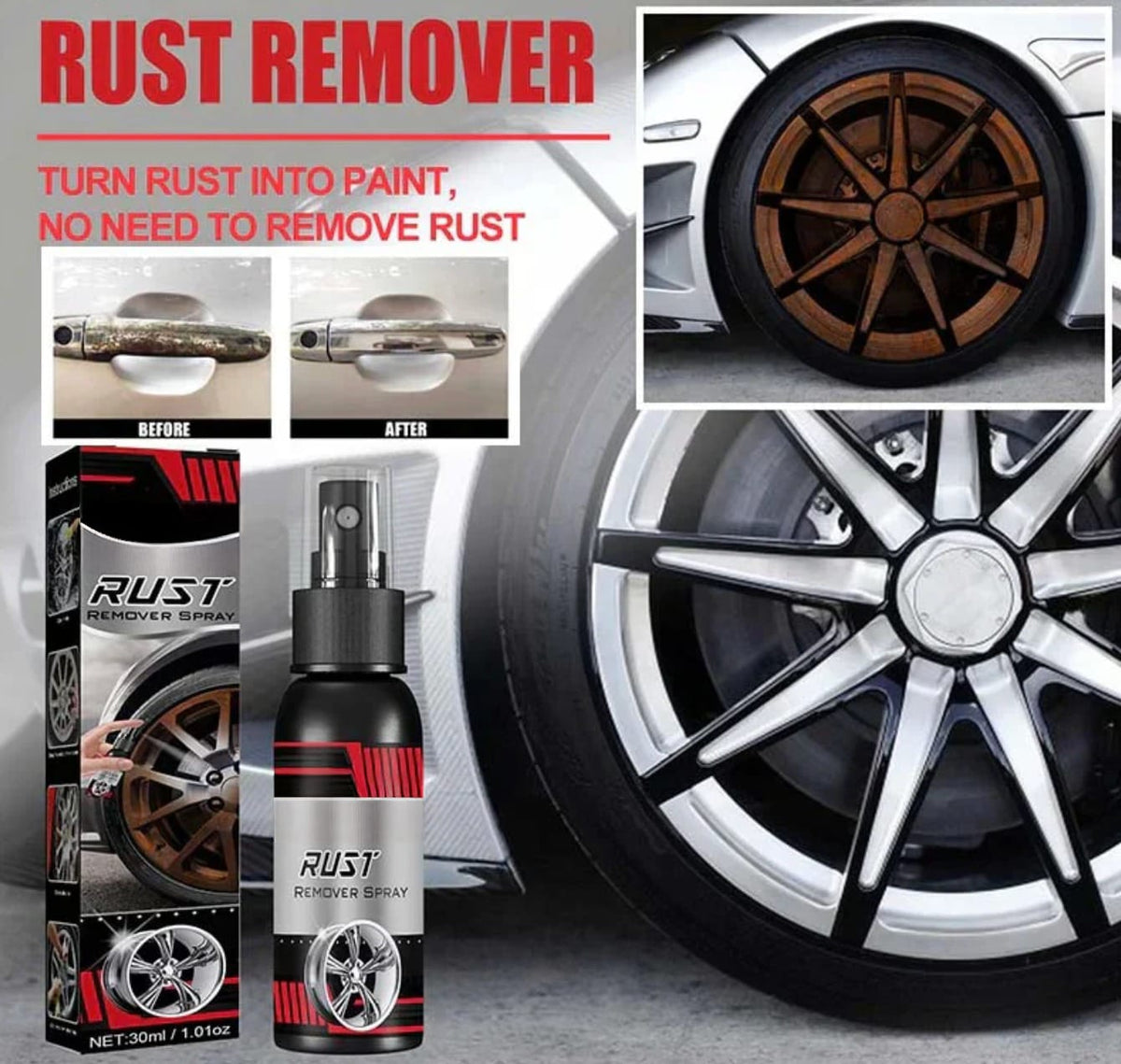 Two plastic bottles of rust cleaning spray for metal surfaces