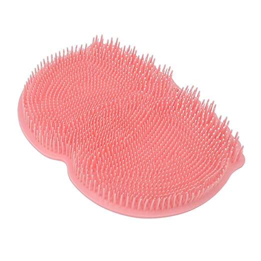 A close-up view of a silicone foot scrubber with textured bristles for shower exfoliation