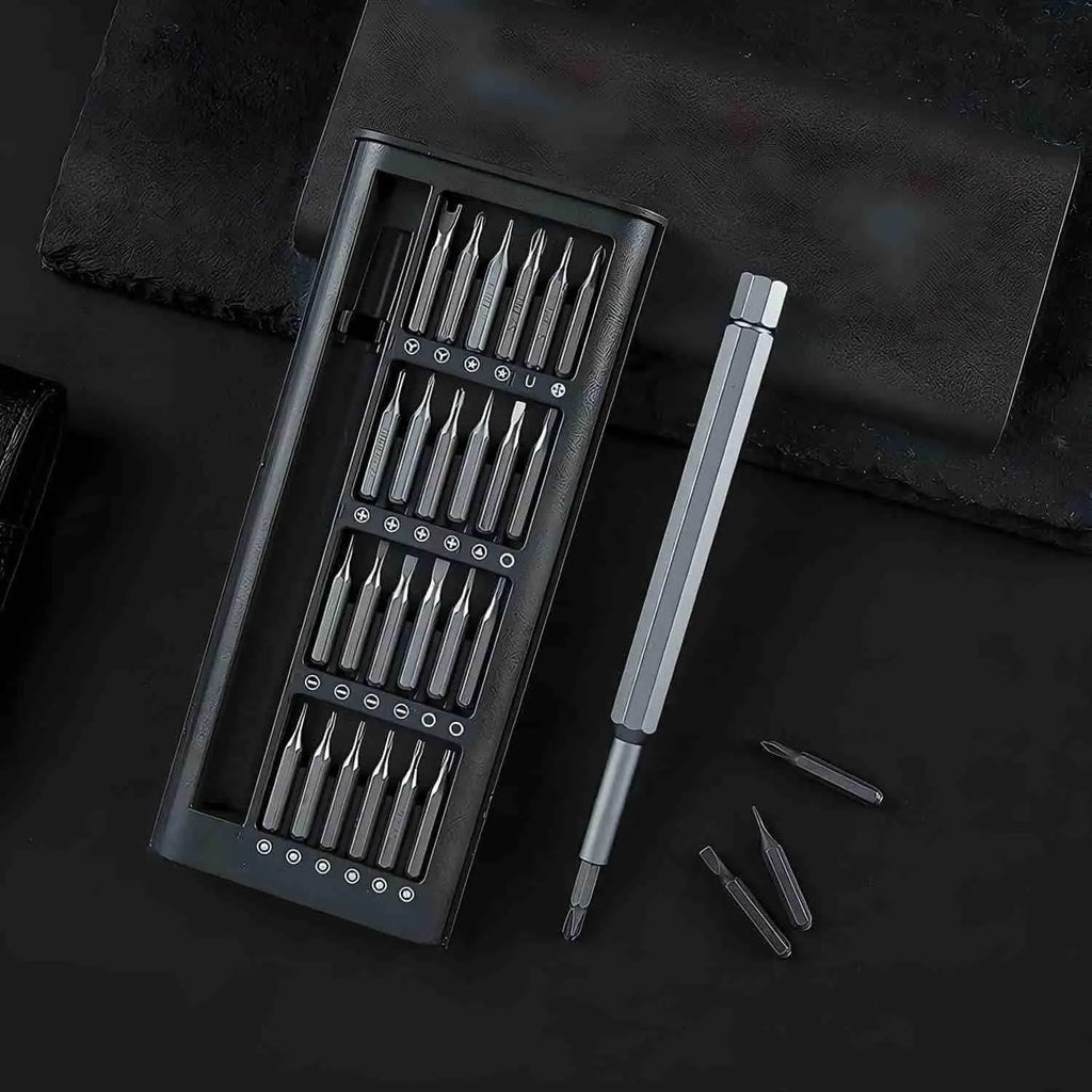 24-piece screwdriver set with assorted heads and organizer