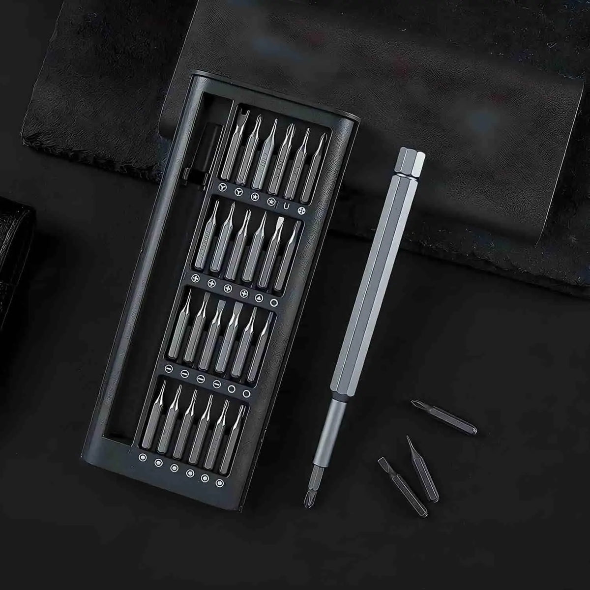 24-piece screwdriver set with assorted heads and organizer