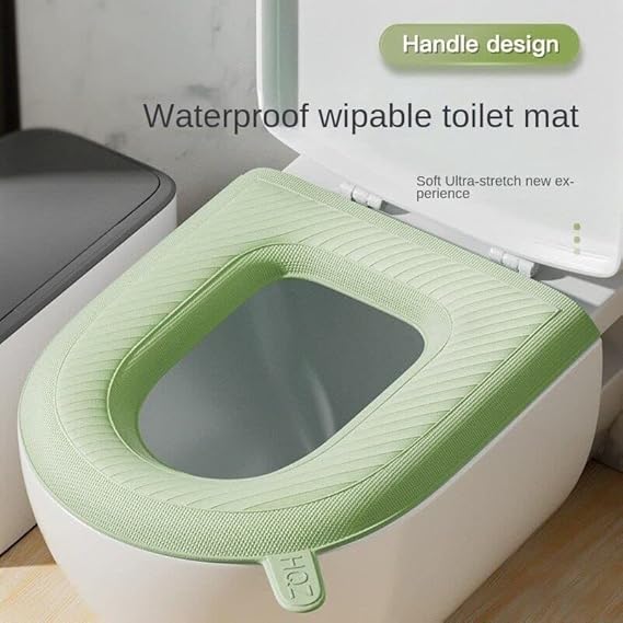 A soft, flexible silicone toilet seat cover in a neutral tone