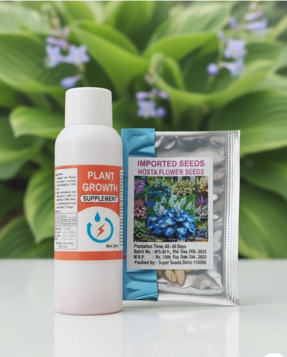 A packet of imported Hosta seeds with an included plant growth supplement
