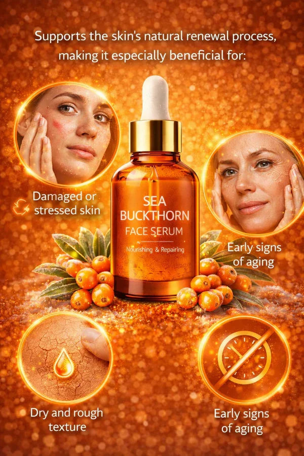 A bottle of Sea Buckthorn Face Serum against a clean background