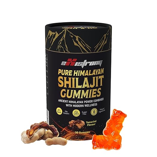 A bottle of 30 shilajit gummies placed on a neutral background