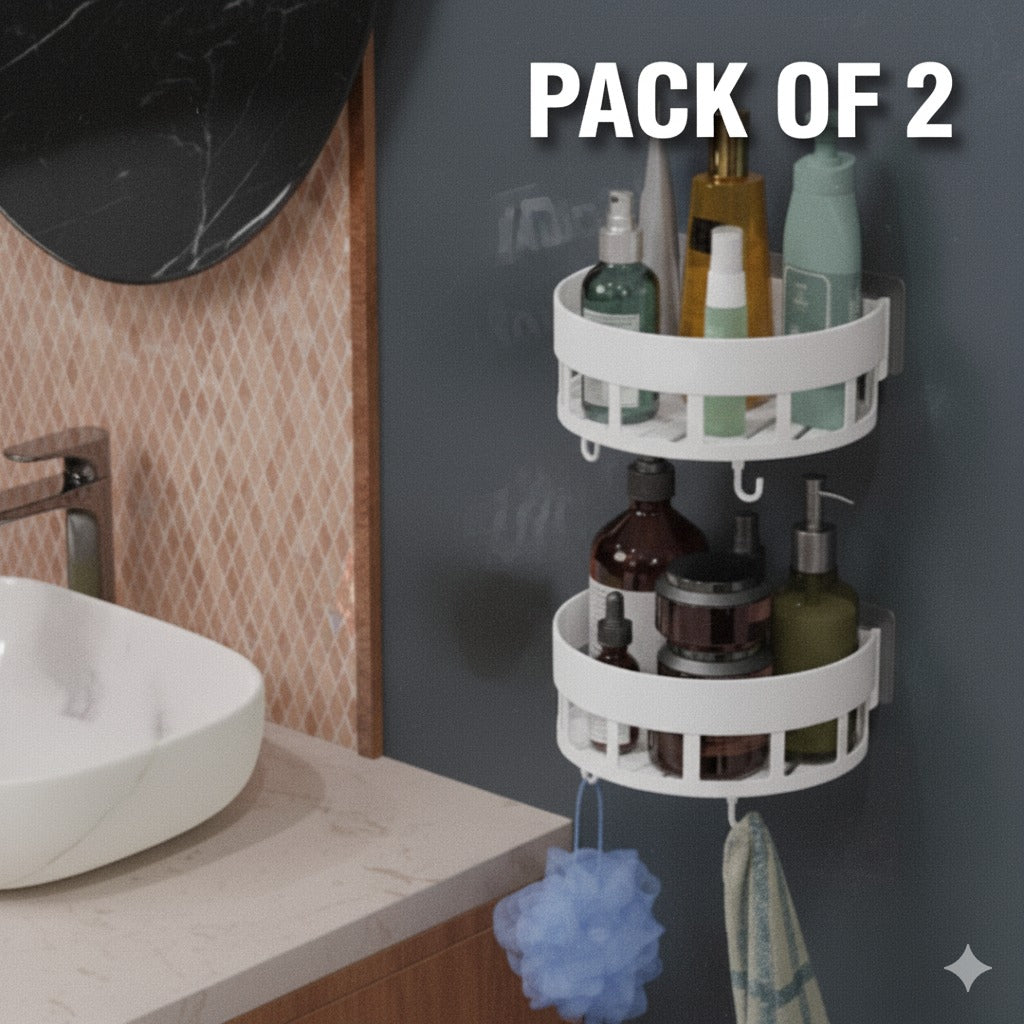 Set of two white plastic bathroom organizer racks for wall mounting