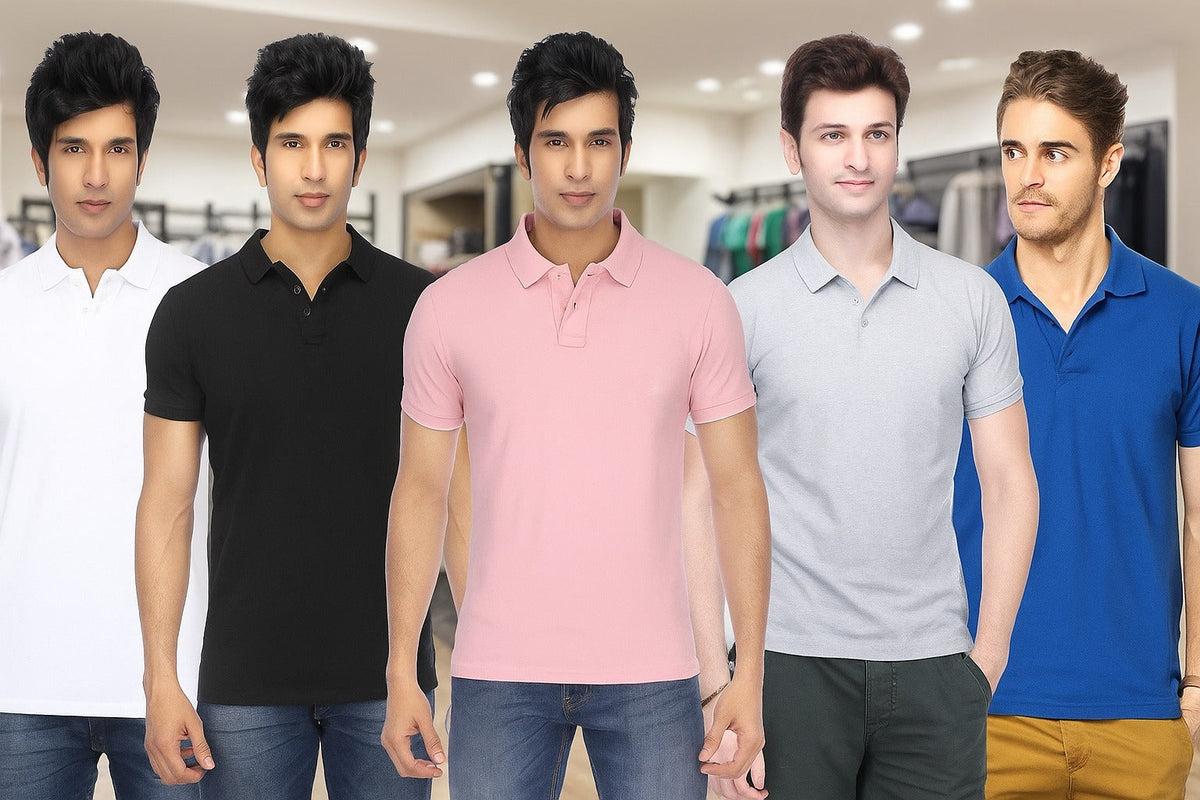 Five assorted colour polo t-shirts folded in a stack